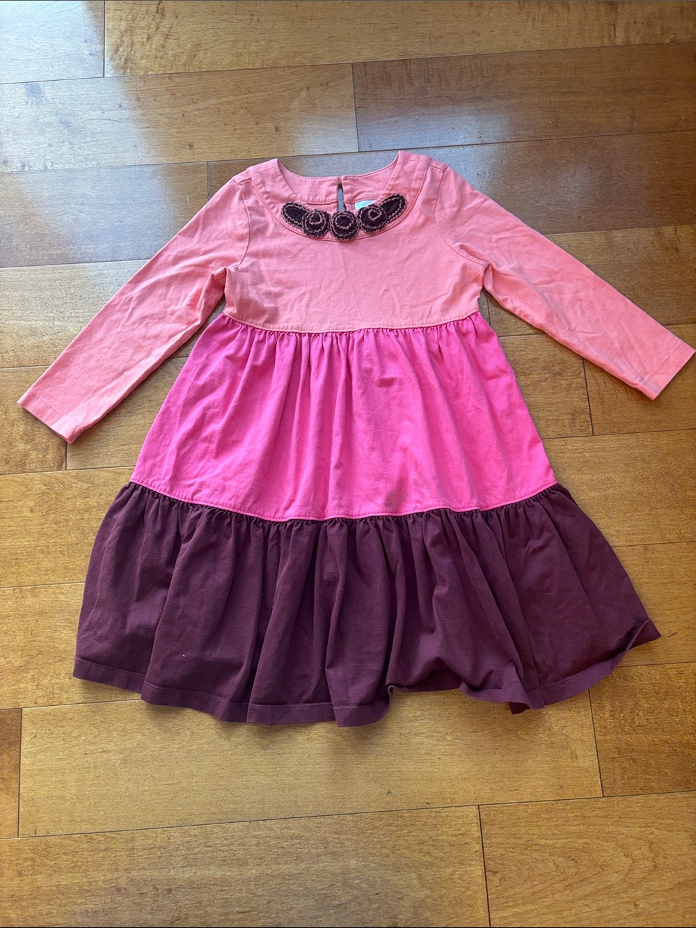 Hanna Andersson Girls Pink and Burgundy Tiered Long-Sleeve Dress 110 5/6